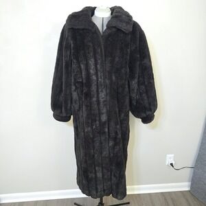 Vintage Monterey Fashions Faux Fur Floor Length Black Coat USA Made Sz 12 Large